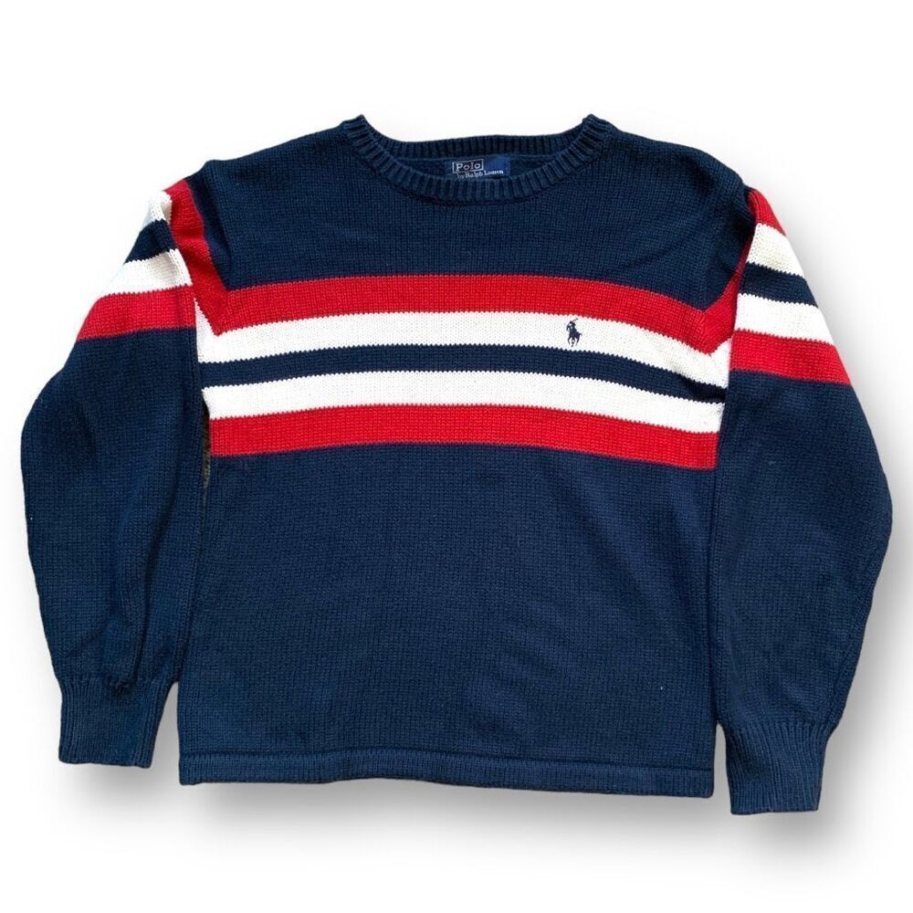 Vintage Boys Polo Sweater Navy Red Striped Crew Neck Long Sleeve Classic Preppy